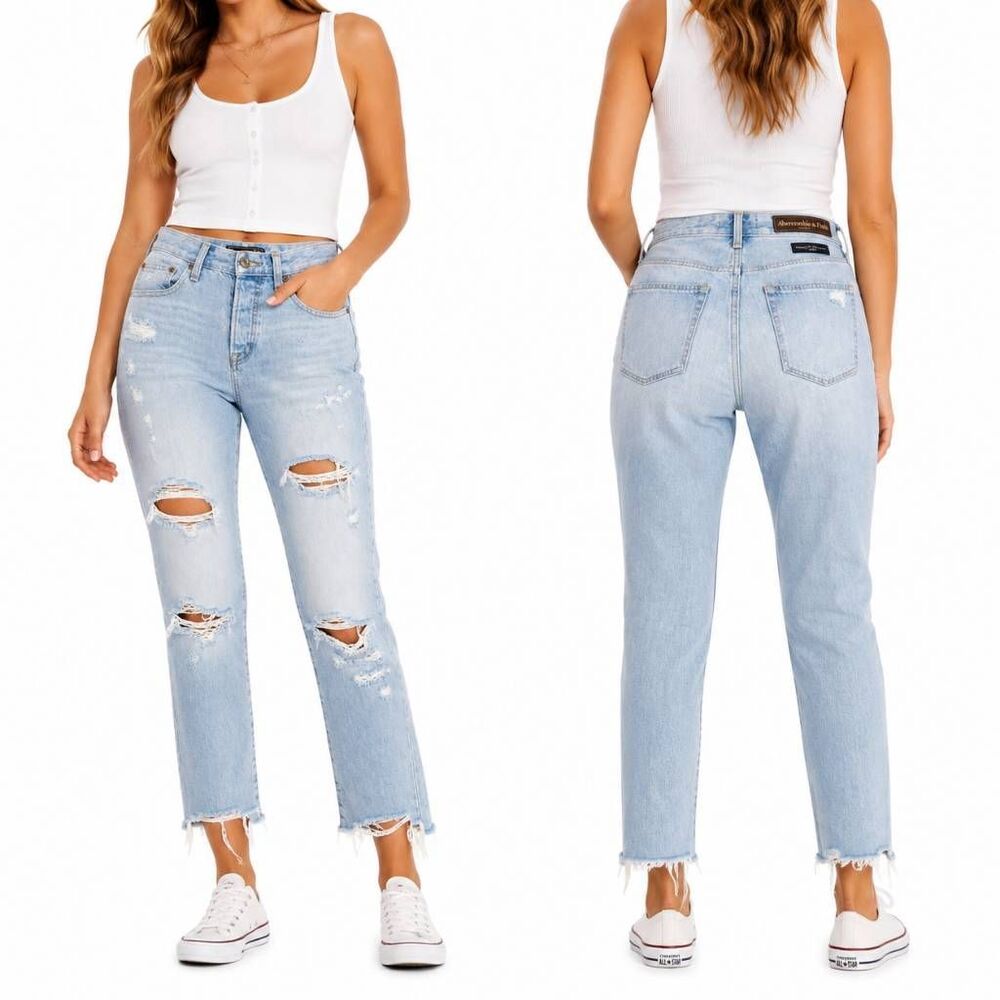 Abercrombie & Fitch Distressed Mom Jeans 27/26R Light Wash